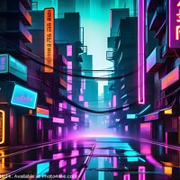 Buy canvas prints of Futuristic neon-lit city street with glowing signs and reflections on wet surface, cyberpunk urban concept. by Man And Life