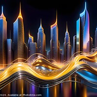 Buy canvas prints of Futuristic city skyline with dynamic light trails and illuminated skyscrapers at night. by Man And Life