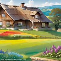 Buy canvas prints of Idyllic countryside scene with a traditional wooden house amidst vibrant floral fields and rolling hills under a clear sky. by Man And Life