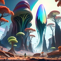 Buy canvas prints of Surreal alien landscape with vibrant, oversized mushrooms and a lone figure exploring the fantastical terrain under a colorful sky. by Man And Life