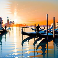 Buy canvas prints of Scenic view of gondolas on tranquil water with a vibrant sunset in Venice, Italy, reflecting warm hues on the Grand Canal against a picturesque city backdrop. by Man And Life