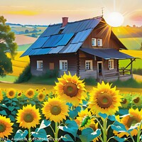 Buy canvas prints of Idyllic rural scene with a wooden cottage amidst vibrant sunflower fields at sunset. by Man And Life