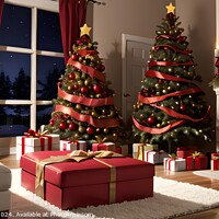 Buy canvas prints of Cozy Christmas living room interior with decorated trees, gifts, and fireplace at twilight. by Man And Life