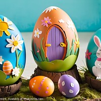 Buy canvas prints of Colorful hand-painted Easter eggs with floral and bunny designs displayed on wooden stands. by Man And Life