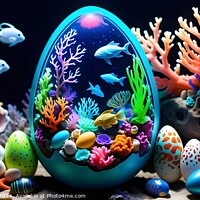 Buy canvas prints of Colorful Easter egg with underwater scene among coral reefs on dark background, blending holiday and marine life concepts. by Man And Life
