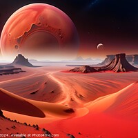 Buy canvas prints of Surreal alien landscape with red sand dunes under a starry sky, featuring multiple large planets rising on the horizon, evoking a sense of exploration and science fiction. by Man And Life