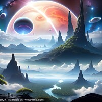 Buy canvas prints of Surreal fantasy landscape with majestic mountains, ethereal trees, and a sky graced by giant planets, moons, and a distant galaxy, evoking a sense of otherworldly adventure. by Man And Life