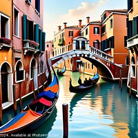 Buy canvas prints of Scenic view of a Venetian canal with gondolas and colorful buildings under a clear blue sky, reflecting the vibrant architecture and romantic charm of Venice, Italy. by Man And Life