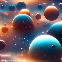 Buy canvas prints of Abstract cosmic background with colorful 3D spheres and stars, depicting a surreal space scene. by Man And Life