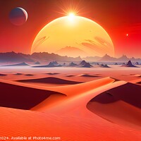 Buy canvas prints of Surreal alien landscape with red sand dunes under a large sun with two moons in the sky, depicting a science fiction or fantasy scene on an extraterrestrial planet. by Man And Life