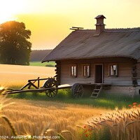 Buy canvas prints of Idyllic rural scene with a wooden cottage, wheat field, and sunset. by Man And Life