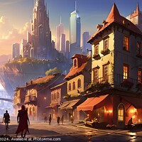 Buy canvas prints of Fantasy cityscape with a bustling street, traditional houses, and futuristic skyscrapers in the background at sunset. by Man And Life