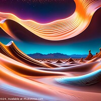 Buy canvas prints of Abstract digital landscape with flowing shapes and neon colors against a starry sky. by Man And Life