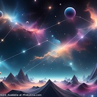 Buy canvas prints of Surreal landscape with mountains under a colorful cosmic sky with stars and planets. by Man And Life