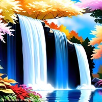 Buy canvas prints of Vibrant digital artwork of a majestic waterfall with a cascade of blue water, surrounded by colorful autumn trees and foliage reflecting in a serene pond. by Man And Life