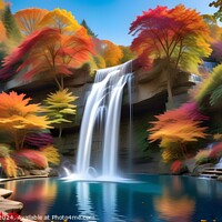 Buy canvas prints of Vibrant autumn landscape with a serene waterfall cascading into a tranquil blue pond, surrounded by colorful foliage and lush greenery. by Man And Life
