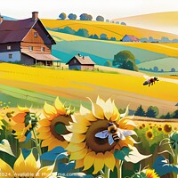 Buy canvas prints of Idyllic countryside landscape with sunflowers, rolling hills, and a farmhouse, in a vibrant, stylized illustration. by Man And Life