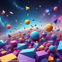 Buy canvas prints of Colorful 3D geometric shapes floating in a vibrant cosmic space with stars. by Man And Life