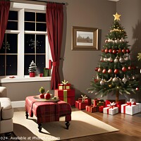Buy canvas prints of Cozy living room decorated for Christmas with tree, gifts, and fireplace. by Man And Life