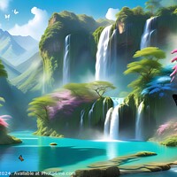 Buy canvas prints of Enchanted forest landscape with waterfalls, lake, and colorful butterflies, ideal for fantasy backgrounds. by Man And Life