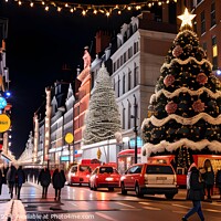 Buy canvas prints of Festive city street with Christmas tree, holiday lights, and pedestrians at night. by Man And Life