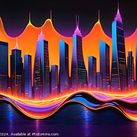 Buy canvas prints of Futuristic city skyline with vibrant neon waves, digital art concept. by Man And Life