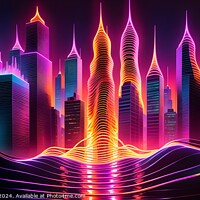 Buy canvas prints of Futuristic city skyline with neon lights and digital wave patterns, concept art for cyberpunk and technology. by Man And Life