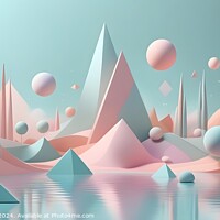 Buy canvas prints of Surreal pastel landscape with geometric shapes, reflective water, and floating spheres in a dreamy setting. by Man And Life