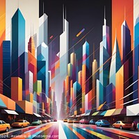 Buy canvas prints of Colorful abstract cityscape with geometric buildings and bustling street life. by Man And Life