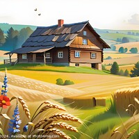 Buy canvas prints of Idyllic countryside landscape with a wooden house, rolling hills, and colorful flowers in the foreground. by Man And Life
