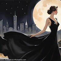 Buy canvas prints of Elegant woman in vintage dress against city skyline and full moon, evoking romantic, retro atmosphere. by Man And Life