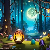 Buy canvas prints of Enchanted forest at night with glowing eggs and magical lights, suitable for fantasy themes. by Man And Life