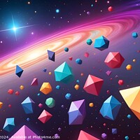 Buy canvas prints of Colorful digital illustration of a vibrant galaxy with floating geometric shapes and a bright starburst. by Man And Life