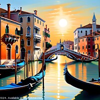 Buy canvas prints of Colorful digital artwork of a serene Venetian canal with gondolas and a picturesque bridge, set against a warm sunset backdrop, evoking a romantic Italian ambiance. by Man And Life