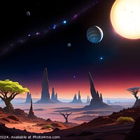 Buy canvas prints of Surreal alien landscape with vibrant colors, featuring exotic trees, towering rock formations, and a sky with multiple moons and a large sun. by Man And Life