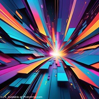 Buy canvas prints of Abstract 3D illustration of a futuristic tunnel with vibrant neon colors and dynamic perspective lines leading towards a bright light at the center, suggesting speed and technology. by Man And Life