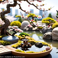Buy canvas prints of Miniature Japanese garden with cherry blossoms, pagoda, and boat. by Man And Life