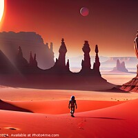 Buy canvas prints of A lone astronaut explores a vast alien desert with towering rock formations under a large red sun and a distant planet, conveying exploration and adventure on an extraterrestrial world. by Man And Life