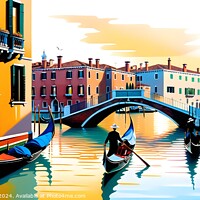 Buy canvas prints of Colorful illustration of Venice canals with gondolas and historic buildings under a sunset sky, reflecting vibrant hues in the water. Ideal for travel and tourism themes. by Man And Life