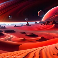 Buy canvas prints of Surreal alien landscape with red sand dunes, bizarre rock formations, and multiple moons in a vibrant red sky, depicting an extraterrestrial desert scene. by Man And Life