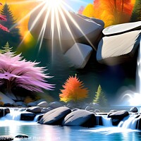 Buy canvas prints of Vibrant digital artwork of a serene waterfall with sunbeams piercing through autumn foliage, reflecting on a tranquil river surrounded by rocks. by Man And Life
