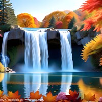 Buy canvas prints of Scenic autumn waterfall with vibrant foliage reflecting in a tranquil blue lake, showcasing the beauty of the changing seasons in a peaceful natural landscape. by Man And Life