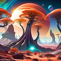 Buy canvas prints of Surreal alien landscape with vibrant colors, featuring fantastical trees, distant mountains, and multiple moons against a sunset sky. by Man And Life