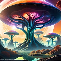 Buy canvas prints of Vibrant alien landscape with luminescent mushroom-like trees, ethereal fog, and a colorful sky suggesting an otherworldly sunset or sunrise. by Man And Life
