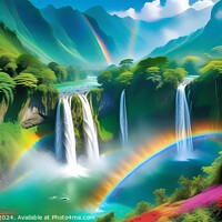Buy canvas prints of Vibrant tropical landscape with waterfalls and a rainbow, lush greenery, and colorful flowers. by Man And Life