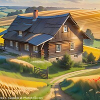 Buy canvas prints of Idyllic countryside house with golden wheat fields, vibrant flowers, and a sunset backdrop. by Man And Life