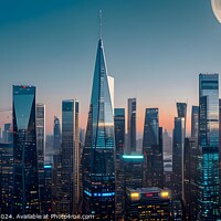 Buy canvas prints of Futuristic city skyline at twilight with skyscrapers and a large moon. by Man And Life