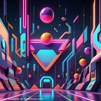 Buy canvas prints of Futuristic neon cityscape with abstract shapes and floating orbs in a vibrant cyberpunk alleyway. by Man And Life