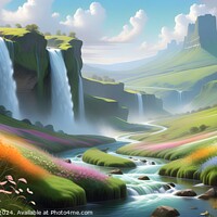 Buy canvas prints of Fantasy landscape with vibrant waterfalls, river, and colorful flora under a bright, sunny sky. by Man And Life