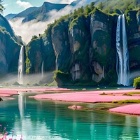 Buy canvas prints of Scenic view of majestic waterfalls with pink flower fields by a tranquil river and lush green cliffs. by Man And Life